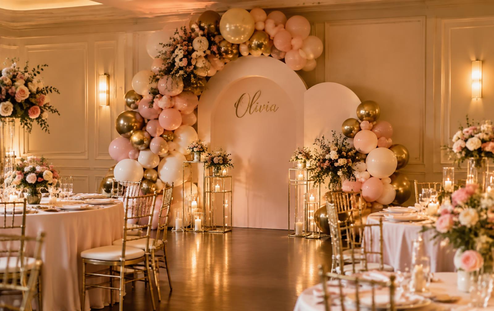Salón decorado con arco de globos